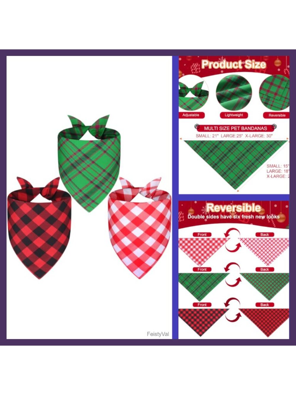 Christmas Dog Bandanas 3PCS Polyester Plaid Holiday Scarf